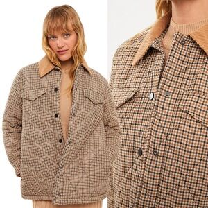 Zara Plaid Quilted Corduroy Collar Tan Cream Black Button Down Jacket Shacket